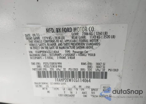 2012 Ford Taurus Sel z USA, uszkodzony, nr VIN 1FAHP2EW1CG114064